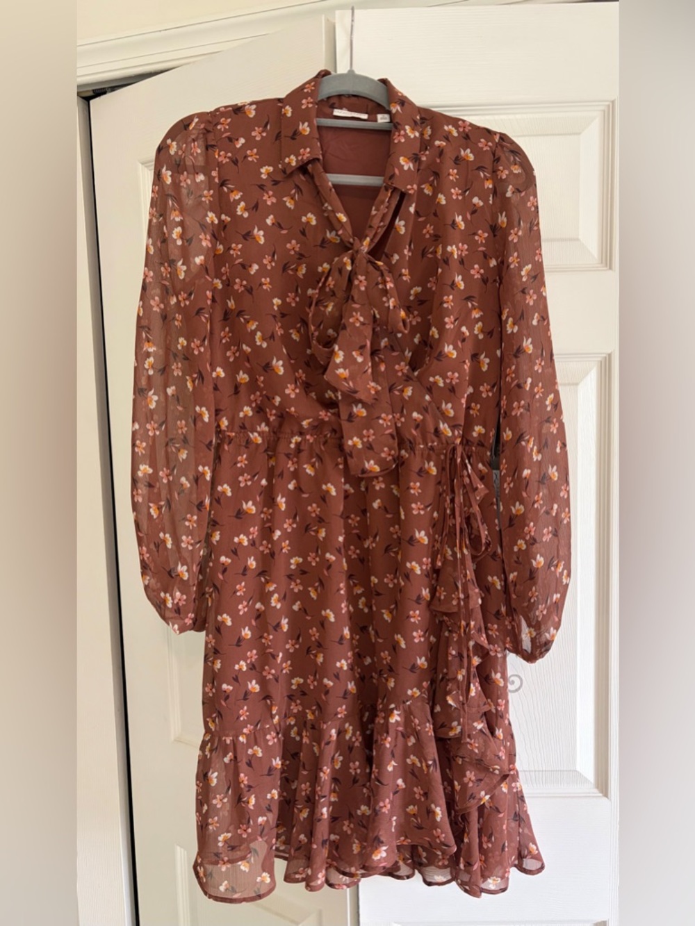 eva mendes for New York & Company Rust Floral Tie-Neck Long Sleeve Dress